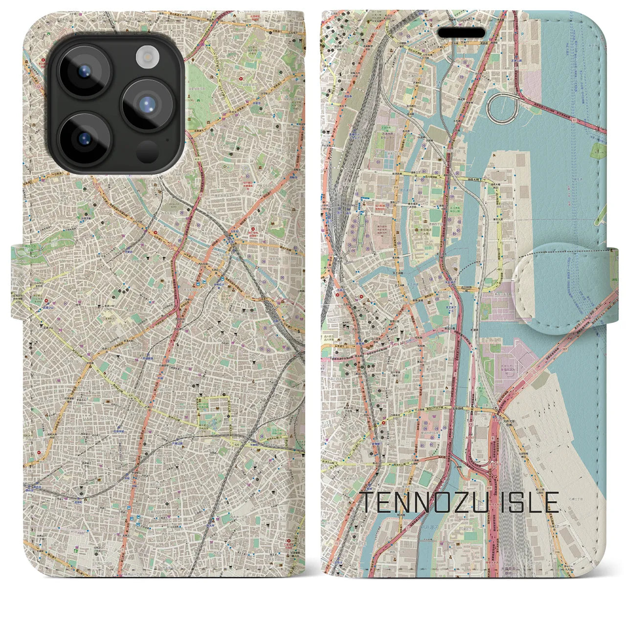 【天王洲アイル(東京都)】地図柄iPhoneケース(手帳タイプ)ナチュラル・iPhone 15 Pro Max 用