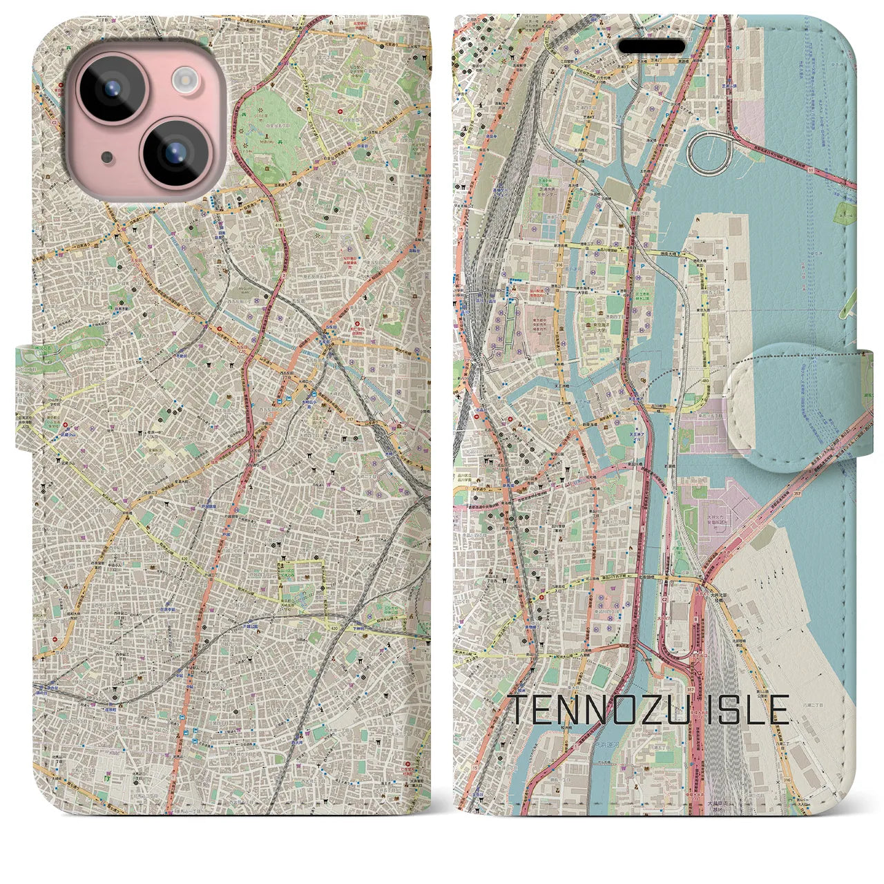 【天王洲アイル(東京都)】地図柄iPhoneケース(手帳タイプ)ナチュラル・iPhone 15 Plus 用