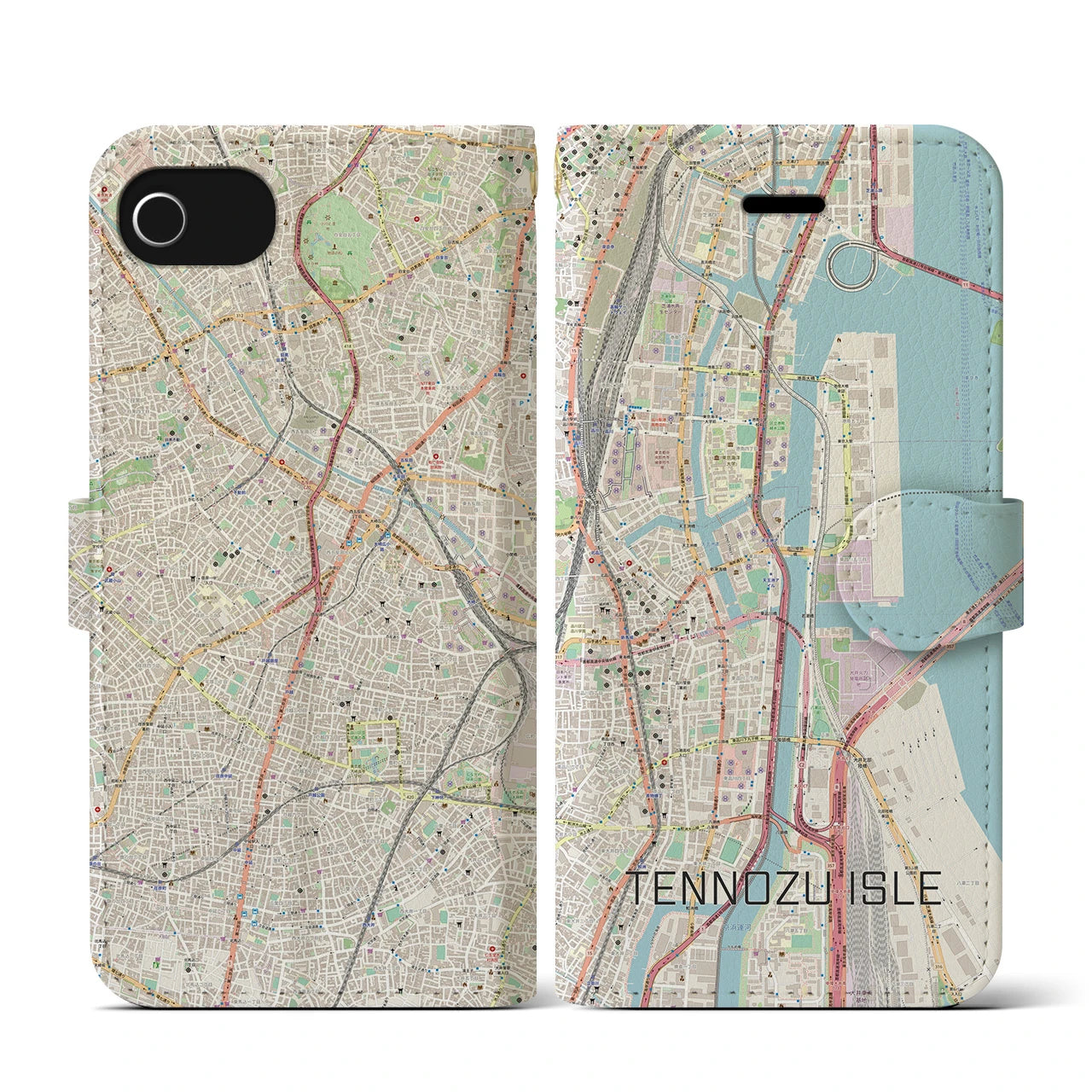 【天王洲アイル(東京都)】地図柄iPhoneケース(手帳タイプ)ナチュラル・iPhone SE(第3 / 第2世代) / 8 / 7 / 6s / 6 用