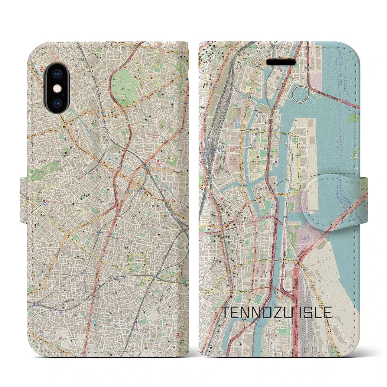 【天王洲アイル(東京都)】地図柄iPhoneケース(手帳タイプ)ナチュラル・iPhone XS / X 用