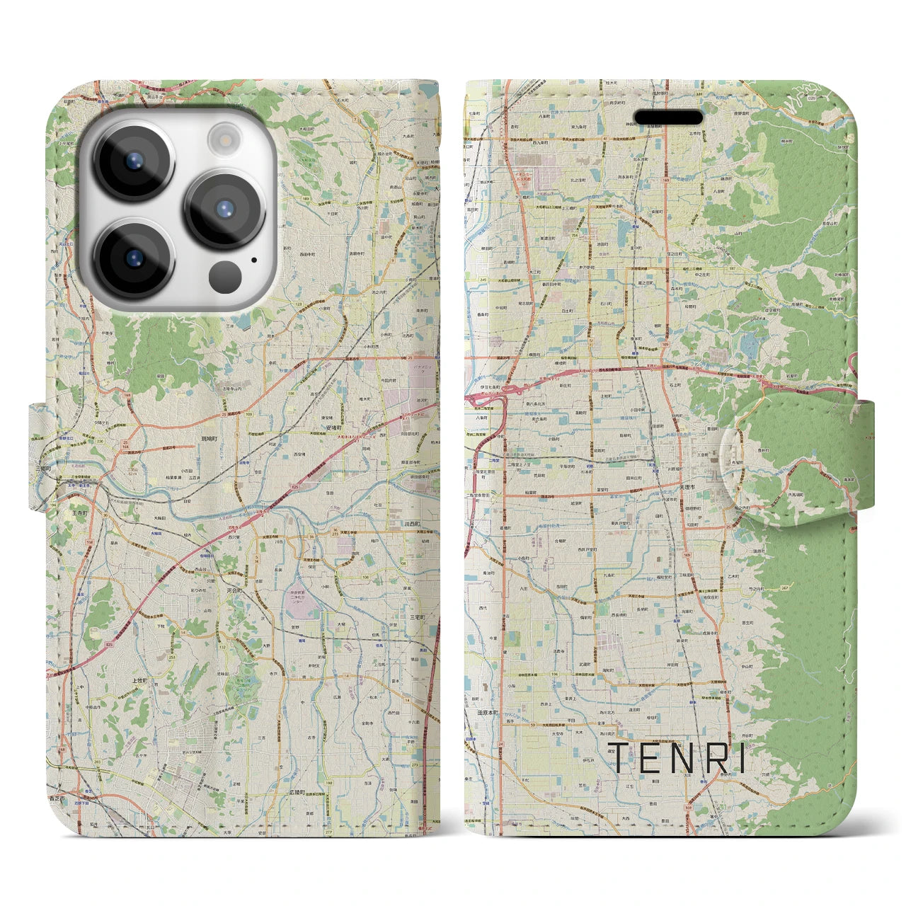 【天理(奈良県)】地図柄iPhoneケース(手帳タイプ)ナチュラル・iPhone 14 Pro 用