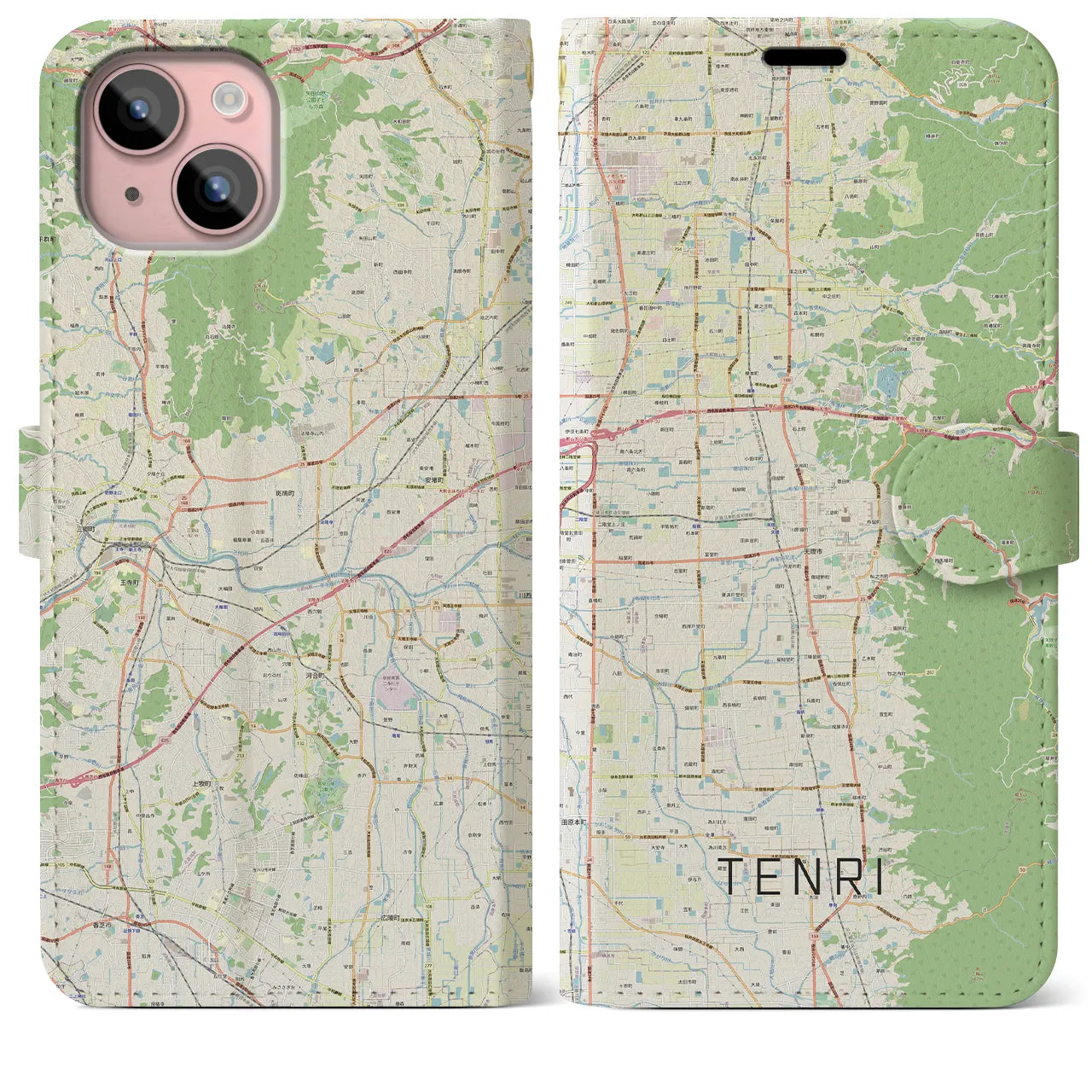 【天理(奈良県)】地図柄iPhoneケース(手帳タイプ)ナチュラル・iPhone 15 Plus 用