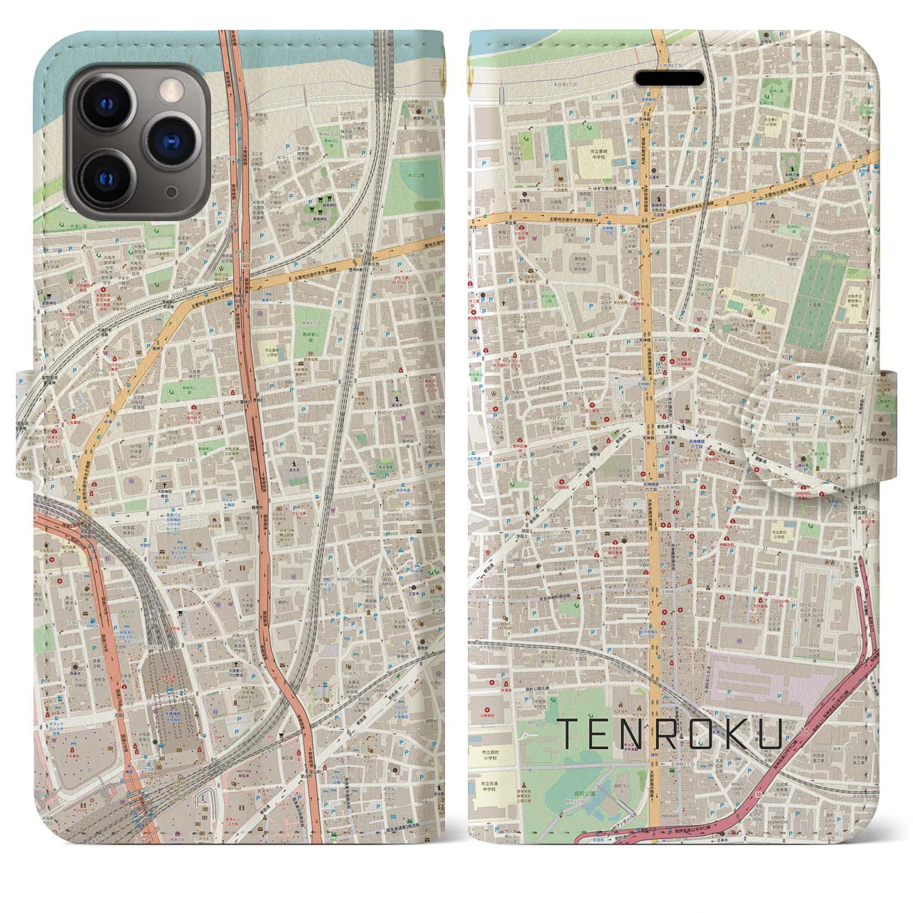 【天六(大阪府)】地図柄iPhoneケース(手帳タイプ)ナチュラル・iPhone 11 Pro Max 用