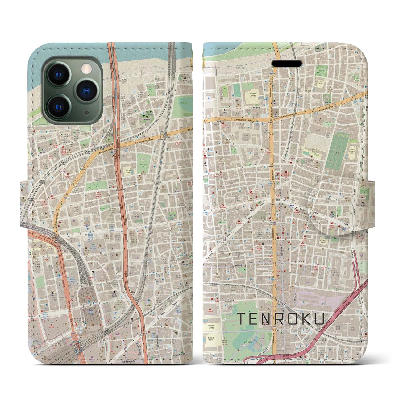 【天六(大阪府)】地図柄iPhoneケース(手帳タイプ)ナチュラル・iPhone 11 Pro 用