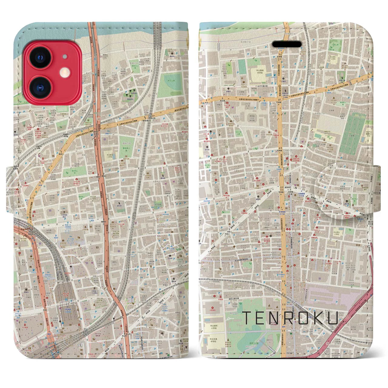 【天六(大阪府)】地図柄iPhoneケース(手帳タイプ)ナチュラル・iPhone 11 用