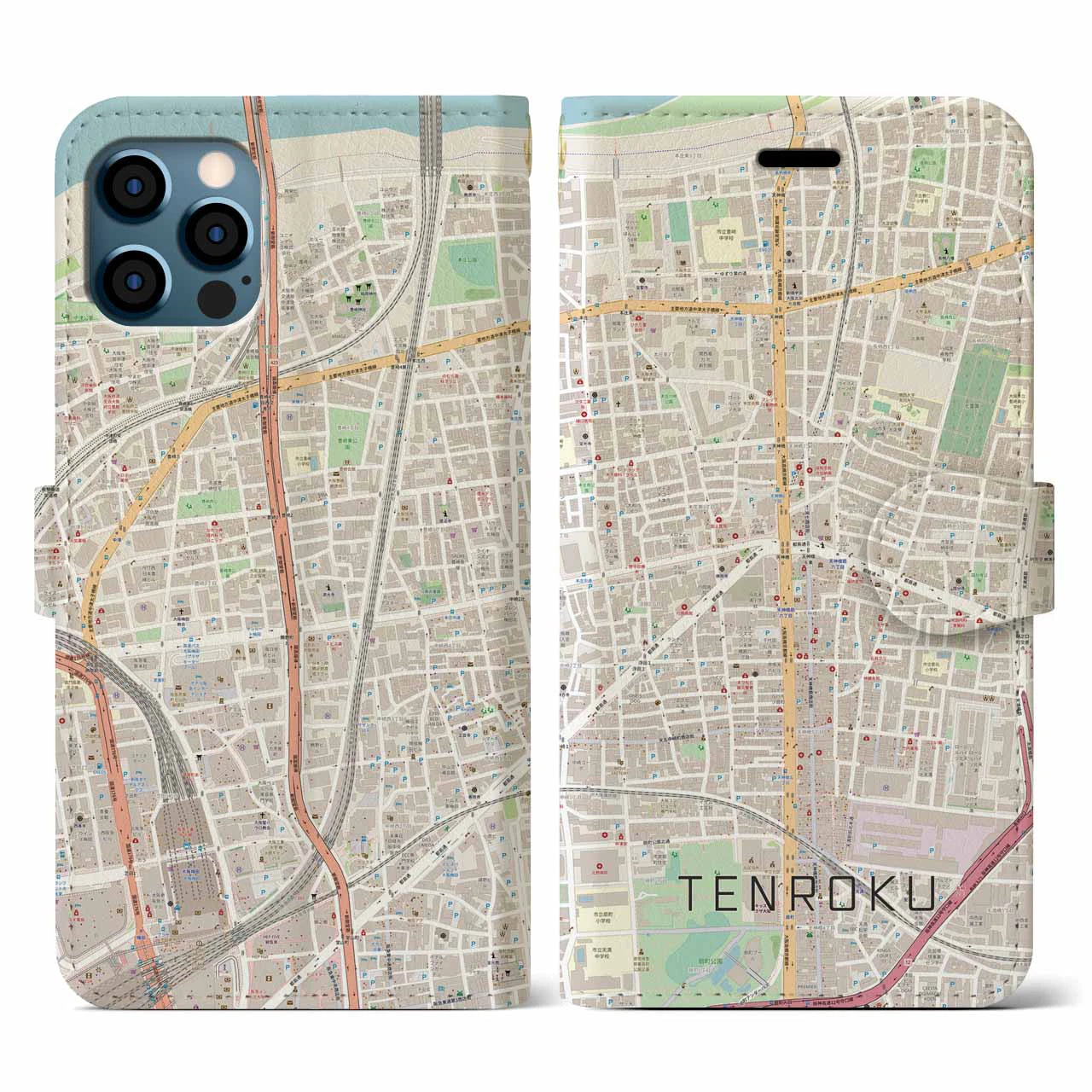 【天六(大阪府)】地図柄iPhoneケース(手帳タイプ)ナチュラル・iPhone 12 / 12 Pro 用