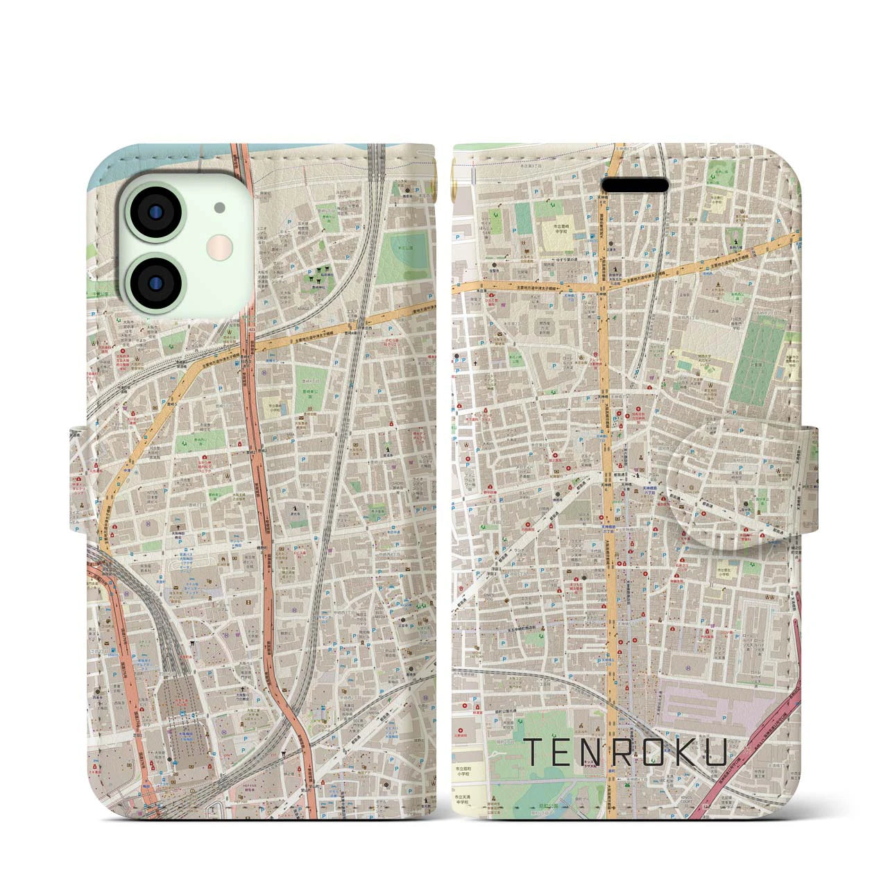 【天六(大阪府)】地図柄iPhoneケース(手帳タイプ)ナチュラル・iPhone 12 mini 用