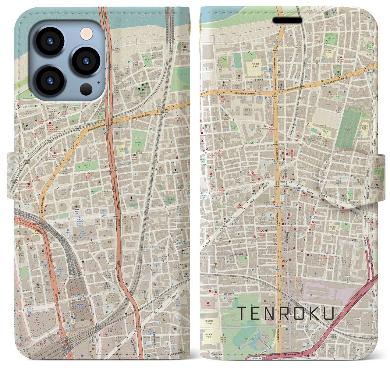【天六(大阪府)】地図柄iPhoneケース(手帳タイプ)ナチュラル・iPhone 13 Pro Max 用