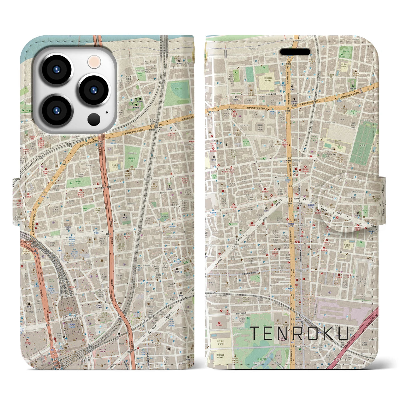 【天六(大阪府)】地図柄iPhoneケース(手帳タイプ)ナチュラル・iPhone 13 Pro 用