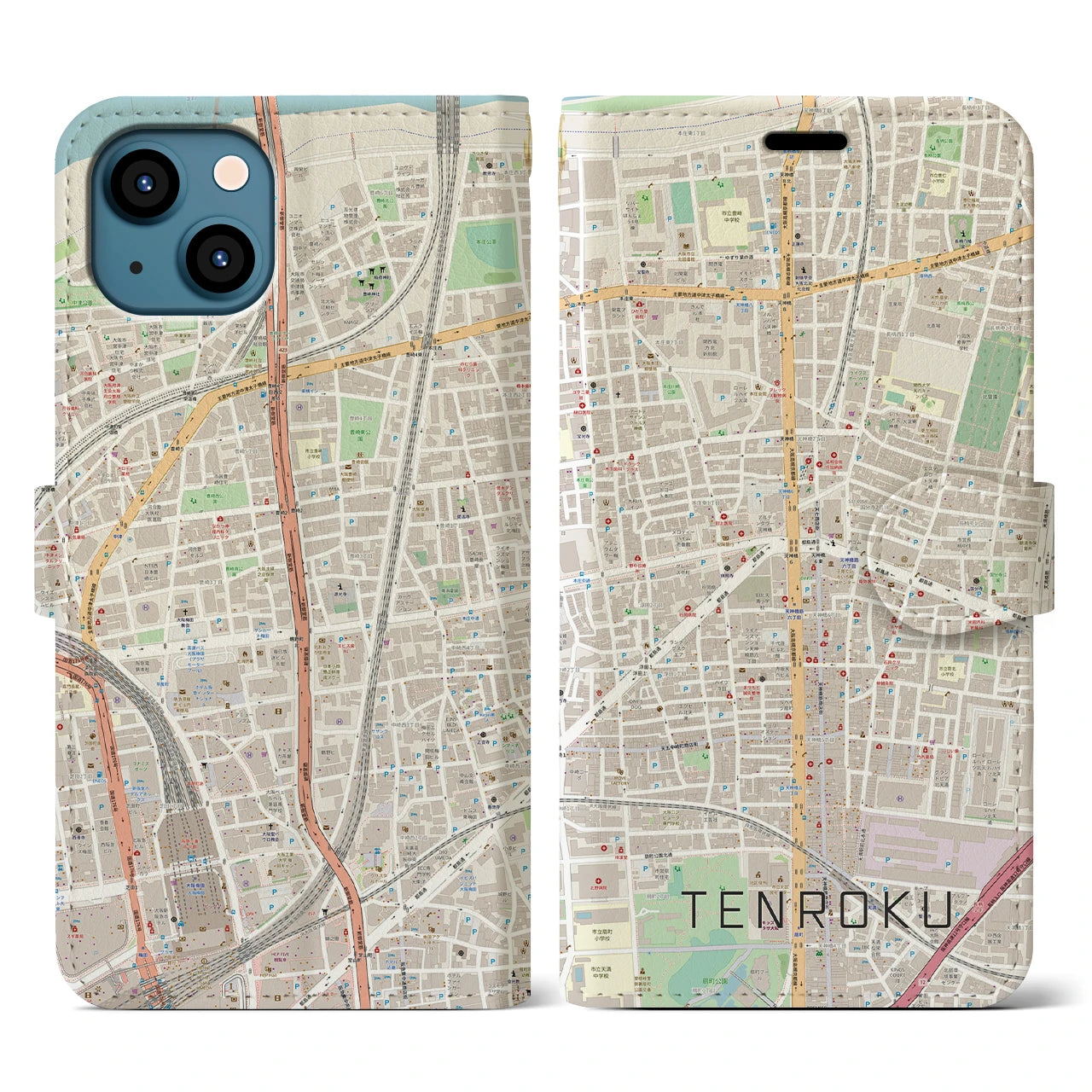 【天六(大阪府)】地図柄iPhoneケース(手帳タイプ)ナチュラル・iPhone 13 用