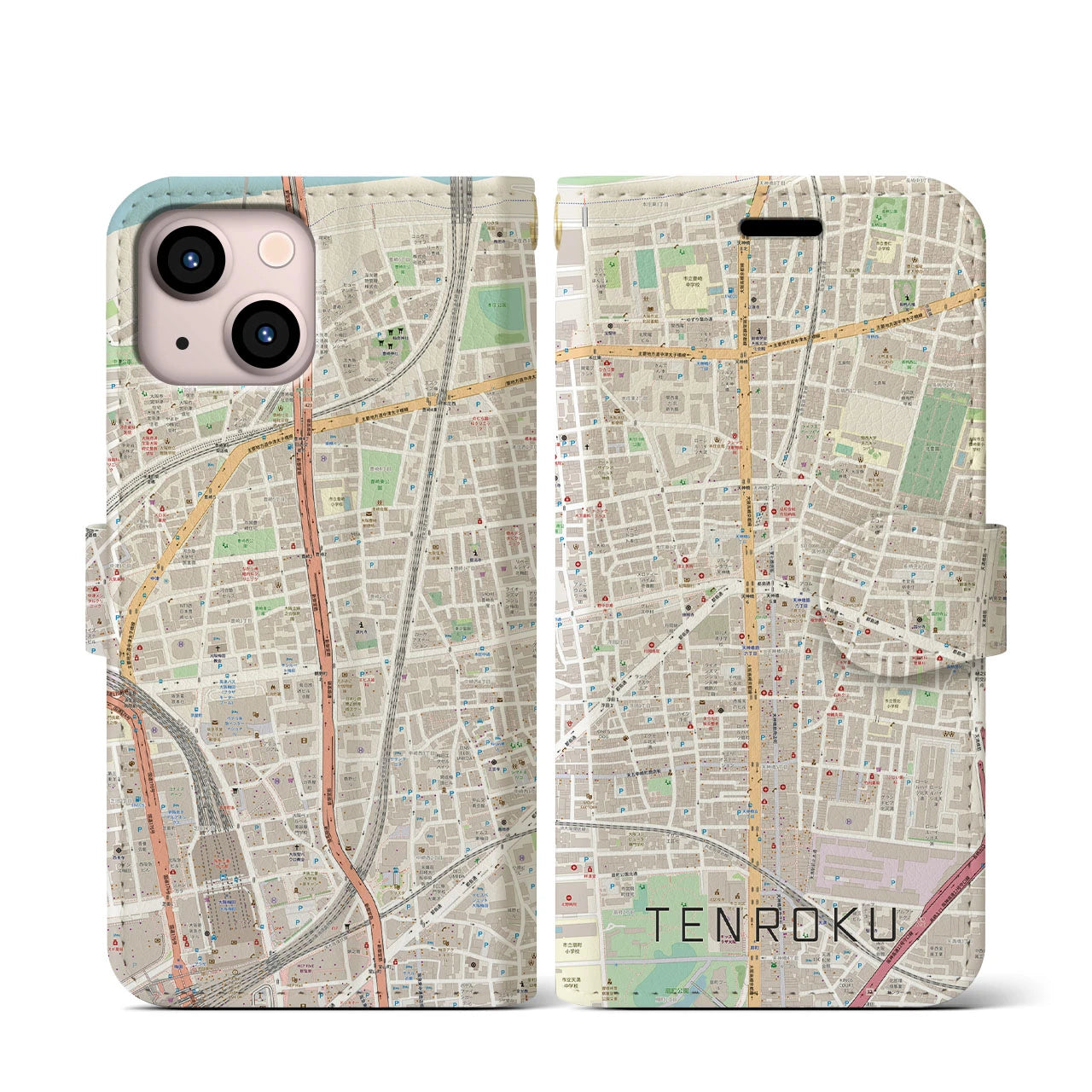 【天六(大阪府)】地図柄iPhoneケース(手帳タイプ)ナチュラル・iPhone 13 mini 用