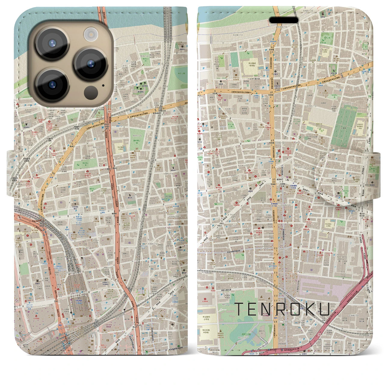 【天六(大阪府)】地図柄iPhoneケース(手帳タイプ)ナチュラル・iPhone 14 Pro Max 用