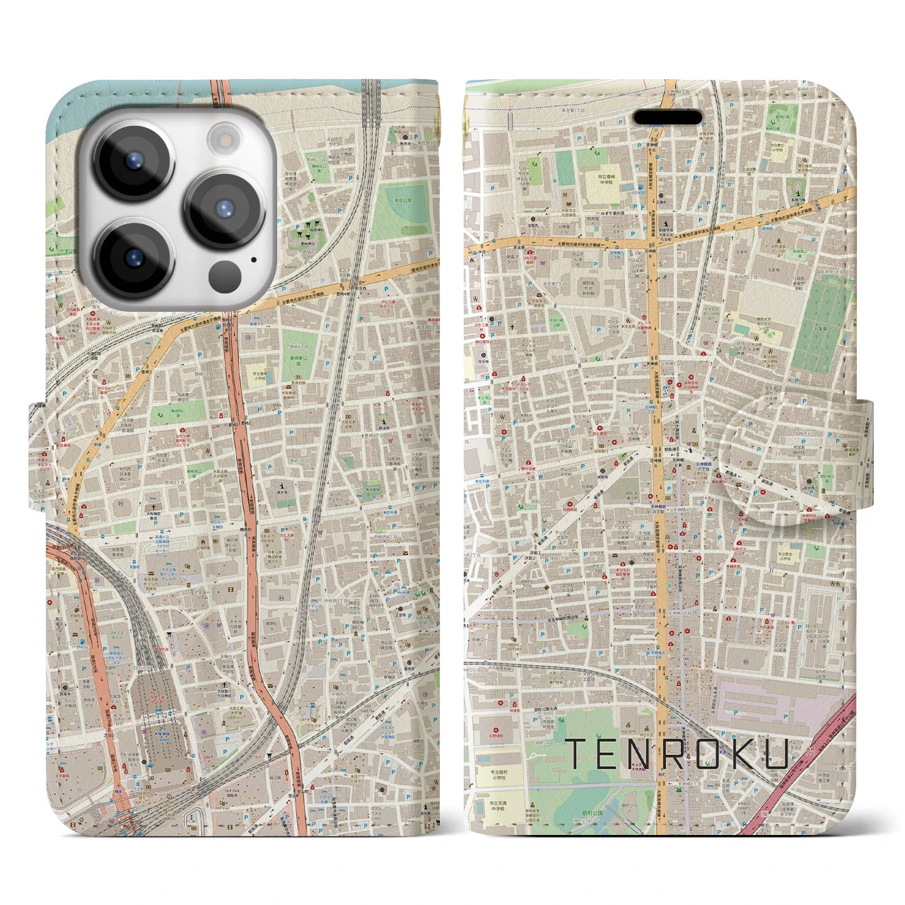【天六(大阪府)】地図柄iPhoneケース(手帳タイプ)ナチュラル・iPhone 14 Pro 用