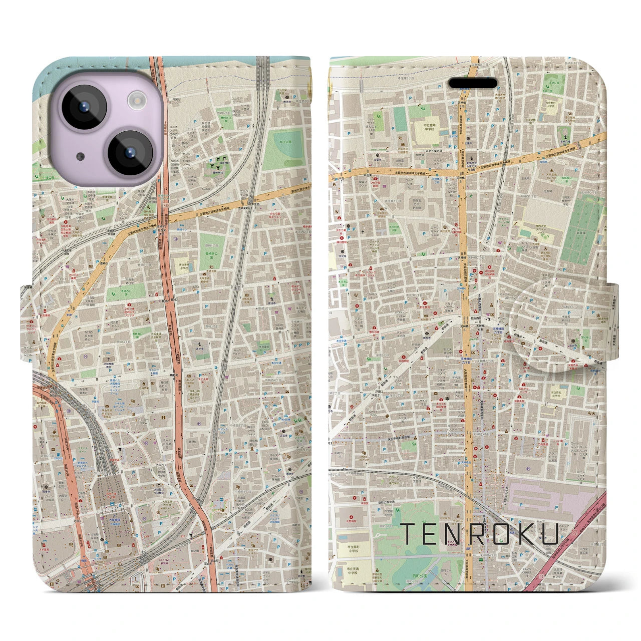 【天六(大阪府)】地図柄iPhoneケース(手帳タイプ)ナチュラル・iPhone 14 用