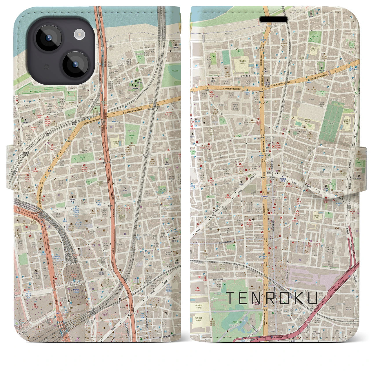 【天六(大阪府)】地図柄iPhoneケース(手帳タイプ)ナチュラル・iPhone 14 Plus 用