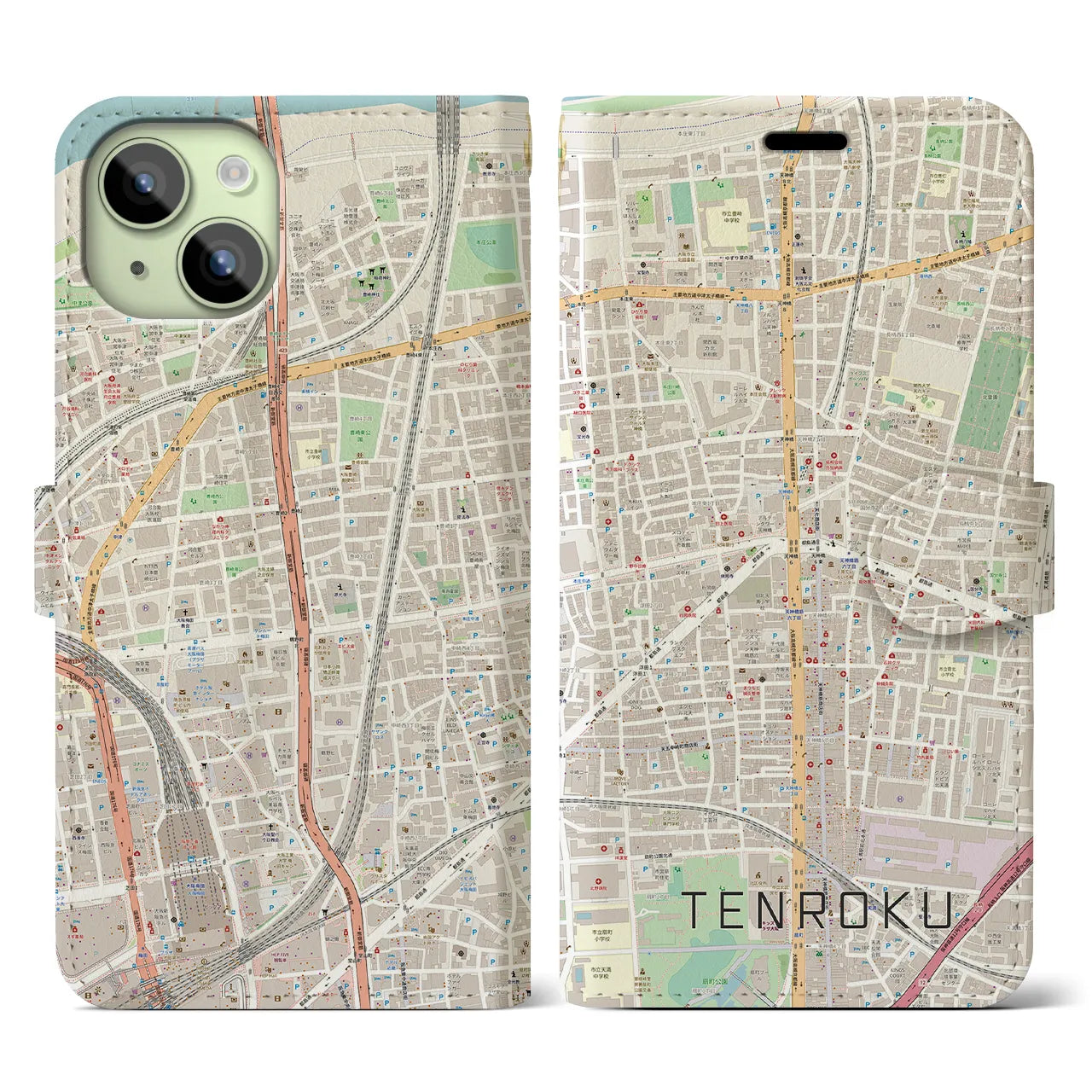 【天六(大阪府)】地図柄iPhoneケース(手帳タイプ)ナチュラル・iPhone 15 用