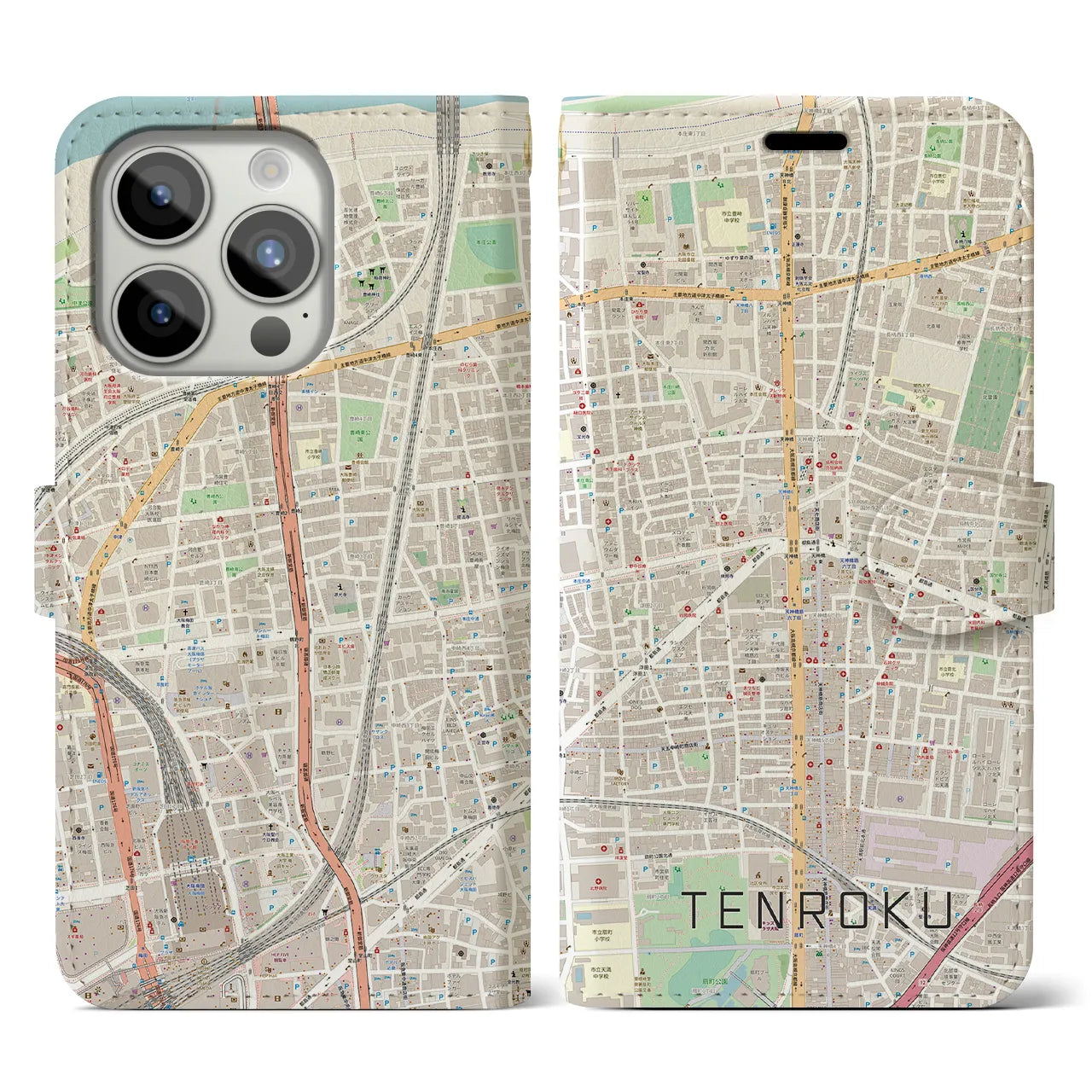 【天六(大阪府)】地図柄iPhoneケース(手帳タイプ)ナチュラル・iPhone 15 Pro 用