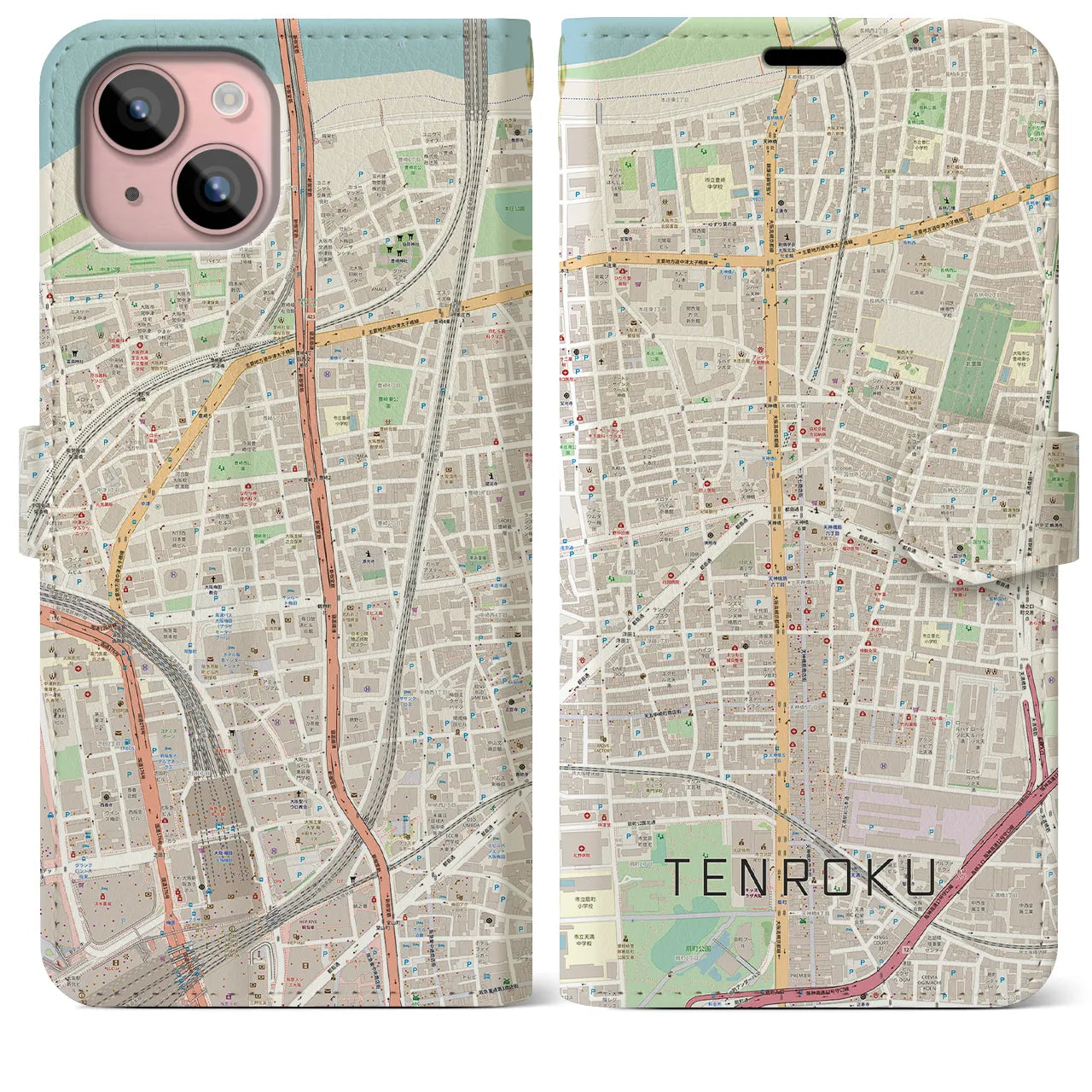 【天六(大阪府)】地図柄iPhoneケース(手帳タイプ)ナチュラル・iPhone 15 Plus 用