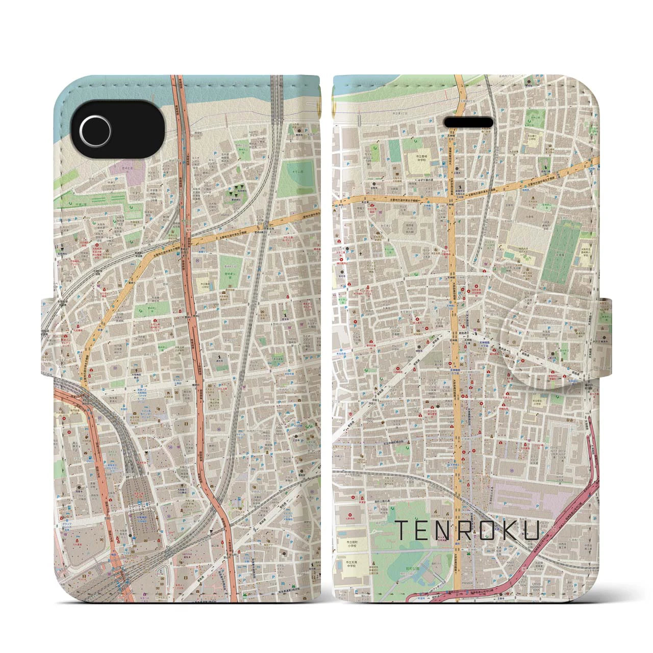 【天六(大阪府)】地図柄iPhoneケース(手帳タイプ)ナチュラル・iPhone SE(第3 / 第2世代) / 8 / 7 / 6s / 6 用