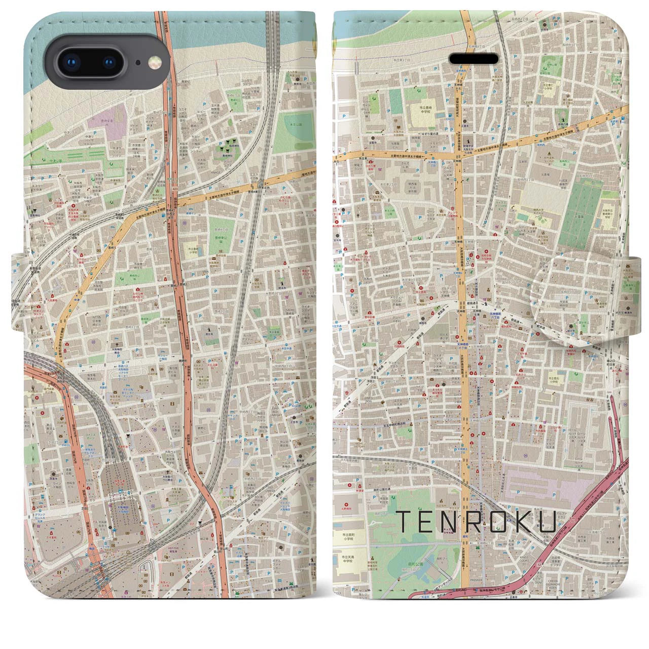 【天六(大阪府)】地図柄iPhoneケース(手帳タイプ)ナチュラル・iPhone 8Plus /7Plus / 6sPlus / 6Plus 用