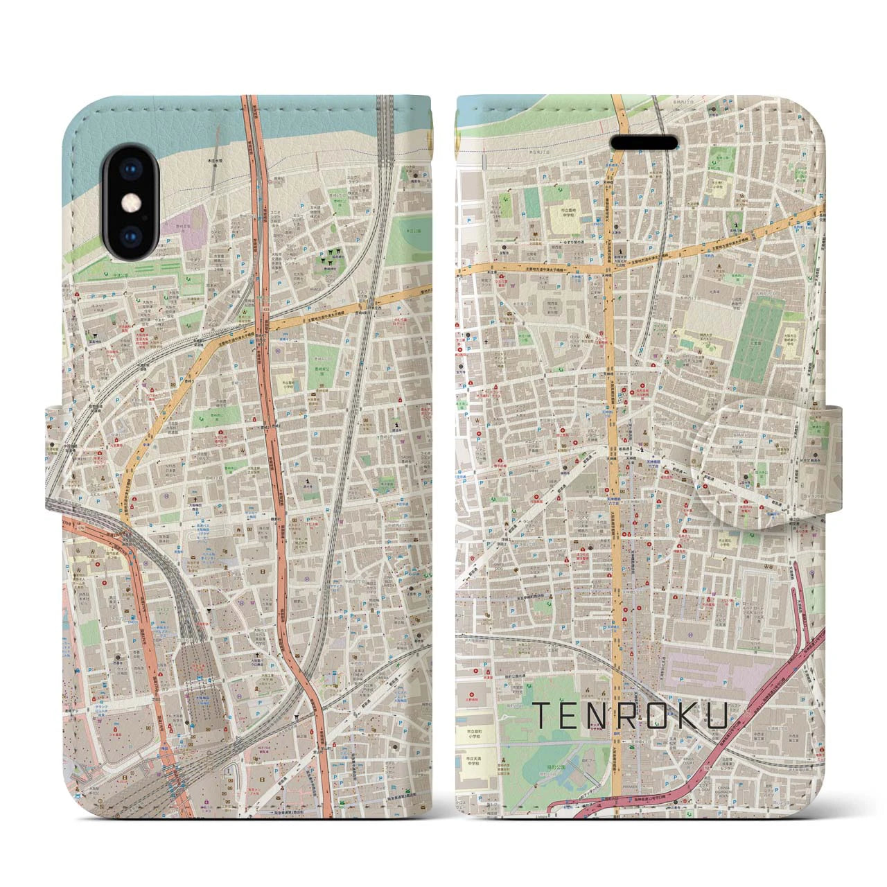 【天六(大阪府)】地図柄iPhoneケース(手帳タイプ)ナチュラル・iPhone XS / X 用