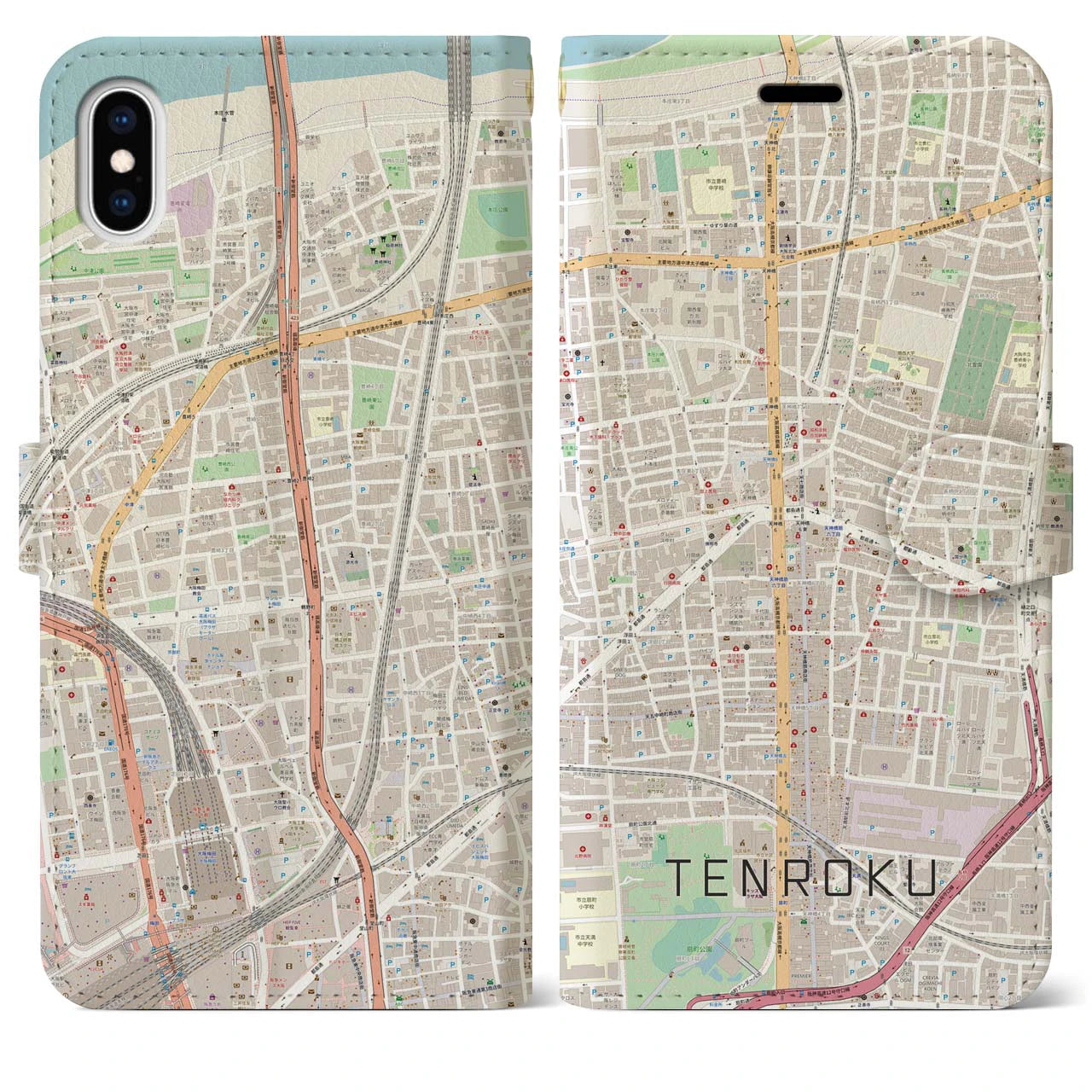 【天六(大阪府)】地図柄iPhoneケース(手帳タイプ)ナチュラル・iPhone XS Max 用