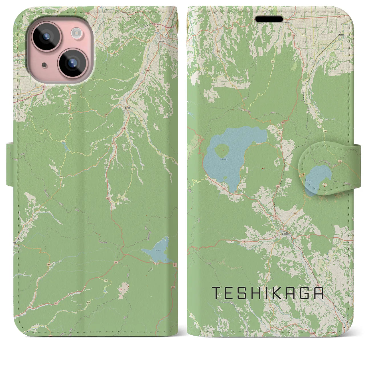 【弟子屈(北海道)】地図柄iPhoneケース(手帳タイプ)ナチュラル・iPhone 15 Plus 用