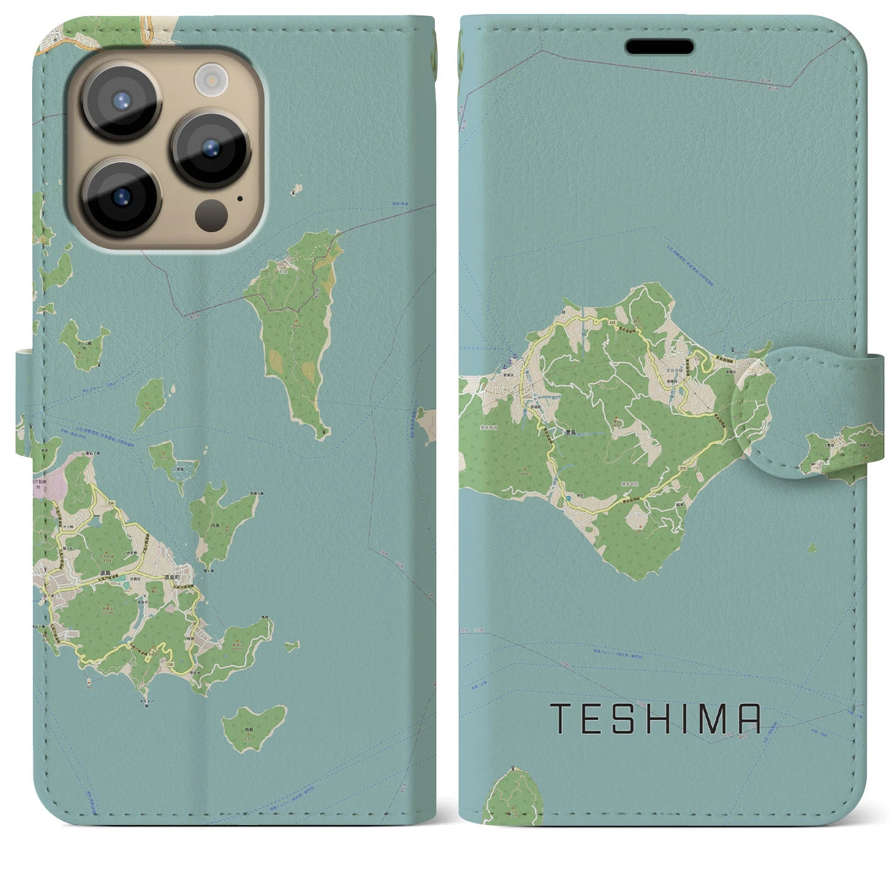 【豊島(香川県)】地図柄iPhoneケース(手帳タイプ)ナチュラル・iPhone 14 Pro Max 用