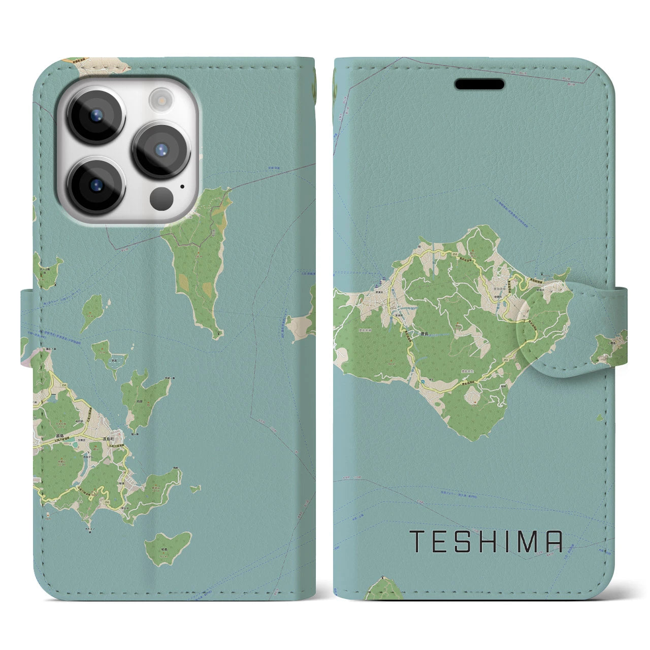 【豊島(香川県)】地図柄iPhoneケース(手帳タイプ)ナチュラル・iPhone 14 Pro 用