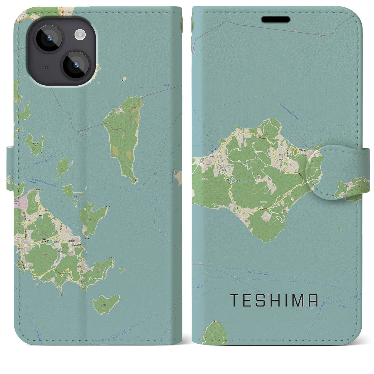 【豊島(香川県)】地図柄iPhoneケース(手帳タイプ)ナチュラル・iPhone 14 Plus 用