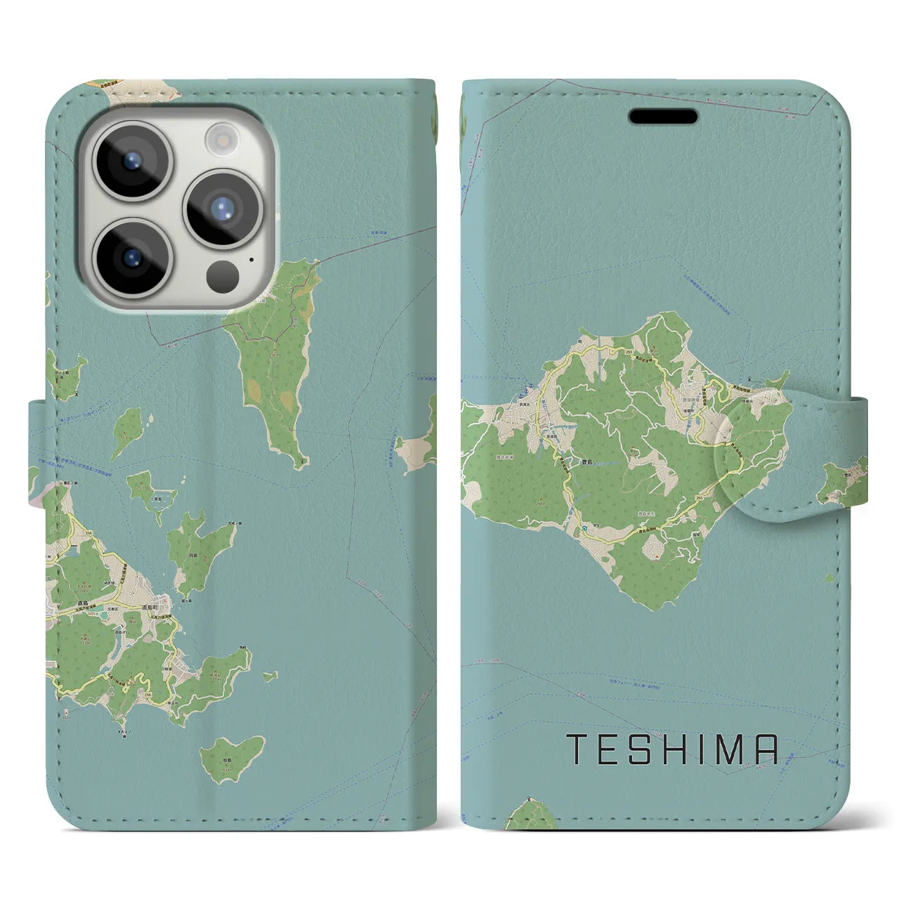 【豊島(香川県)】地図柄iPhoneケース(手帳タイプ)ナチュラル・iPhone 15 Pro 用