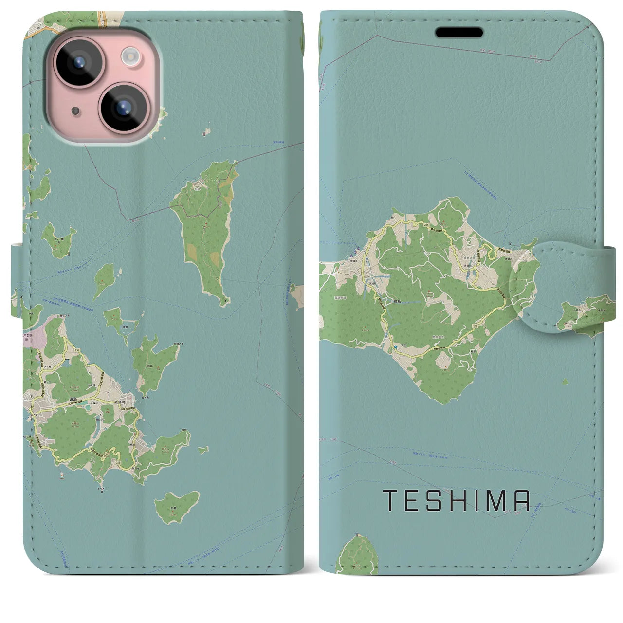 【豊島(香川県)】地図柄iPhoneケース(手帳タイプ)ナチュラル・iPhone 15 Plus 用