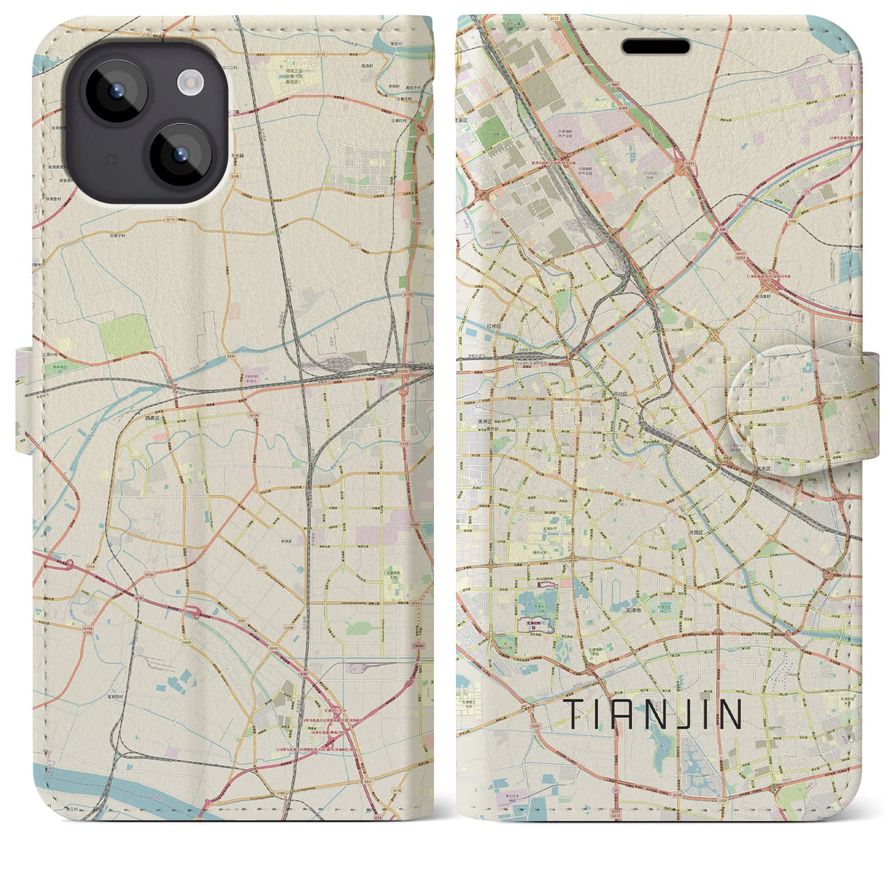 【天津(中華人民共和国)】地図柄iPhoneケース(手帳タイプ)ナチュラル・iPhone 14 Plus 用
