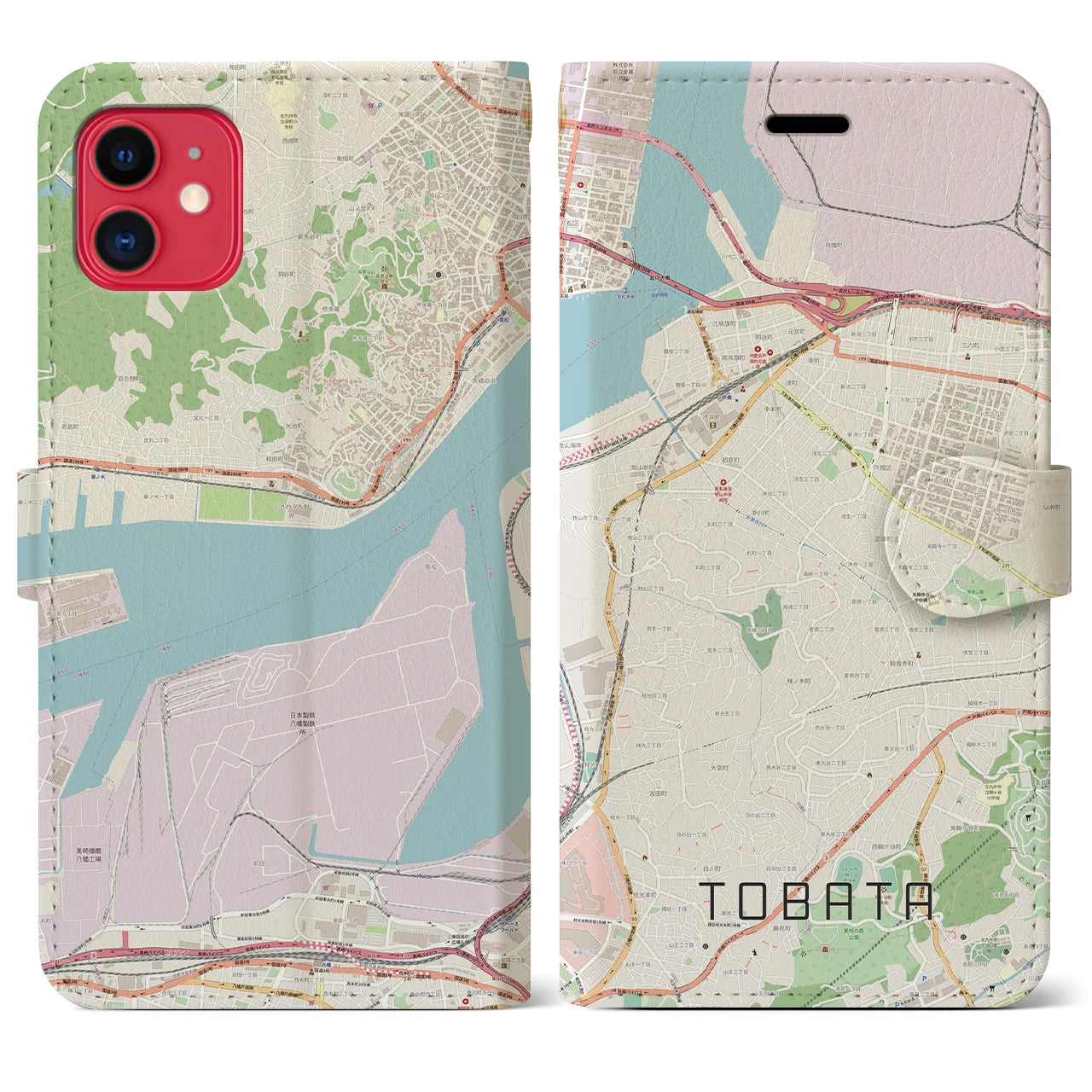 【戸畑(福岡県)】地図柄iPhoneケース(手帳タイプ)ナチュラル・iPhone 11 用