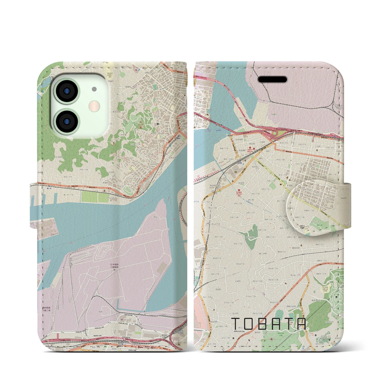 【戸畑(福岡県)】地図柄iPhoneケース(手帳タイプ)ナチュラル・iPhone 12 mini 用