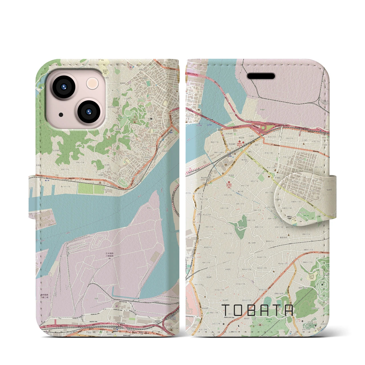 【戸畑(福岡県)】地図柄iPhoneケース(手帳タイプ)ナチュラル・iPhone 13 mini 用
