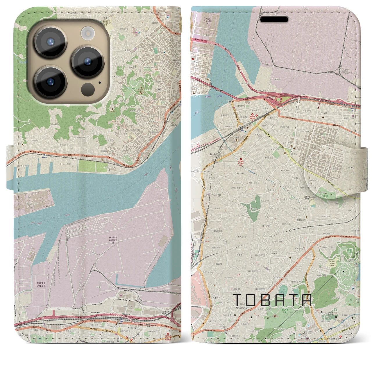 【戸畑(福岡県)】地図柄iPhoneケース(手帳タイプ)ナチュラル・iPhone 14 Pro Max 用