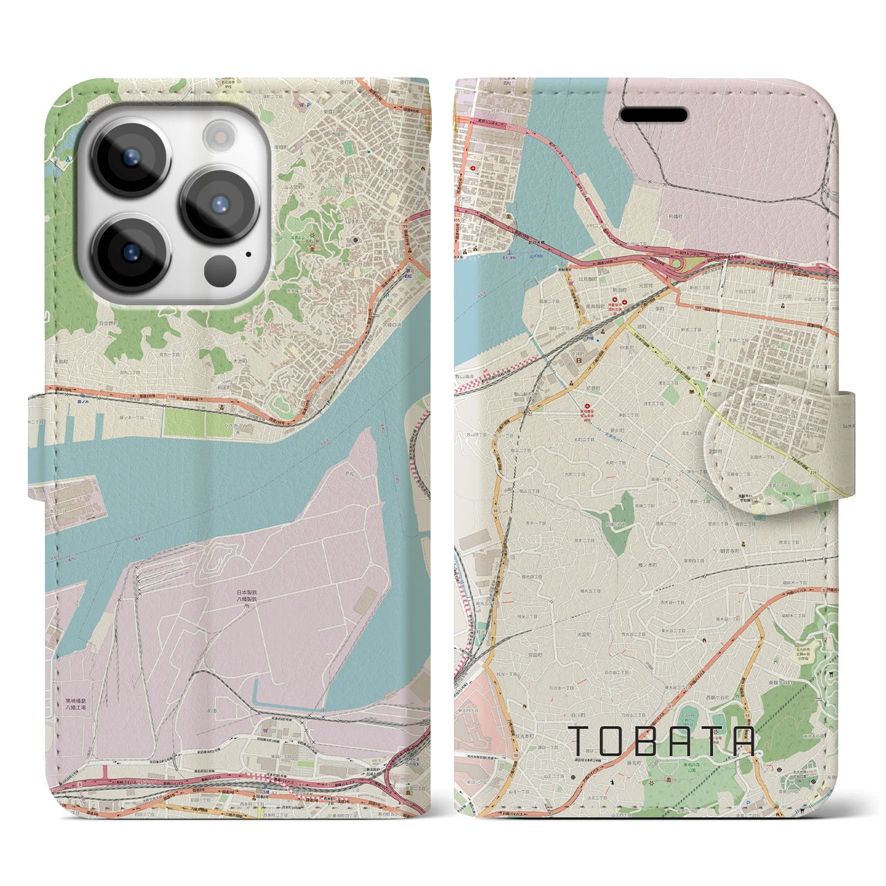 【戸畑(福岡県)】地図柄iPhoneケース(手帳タイプ)ナチュラル・iPhone 14 Pro 用