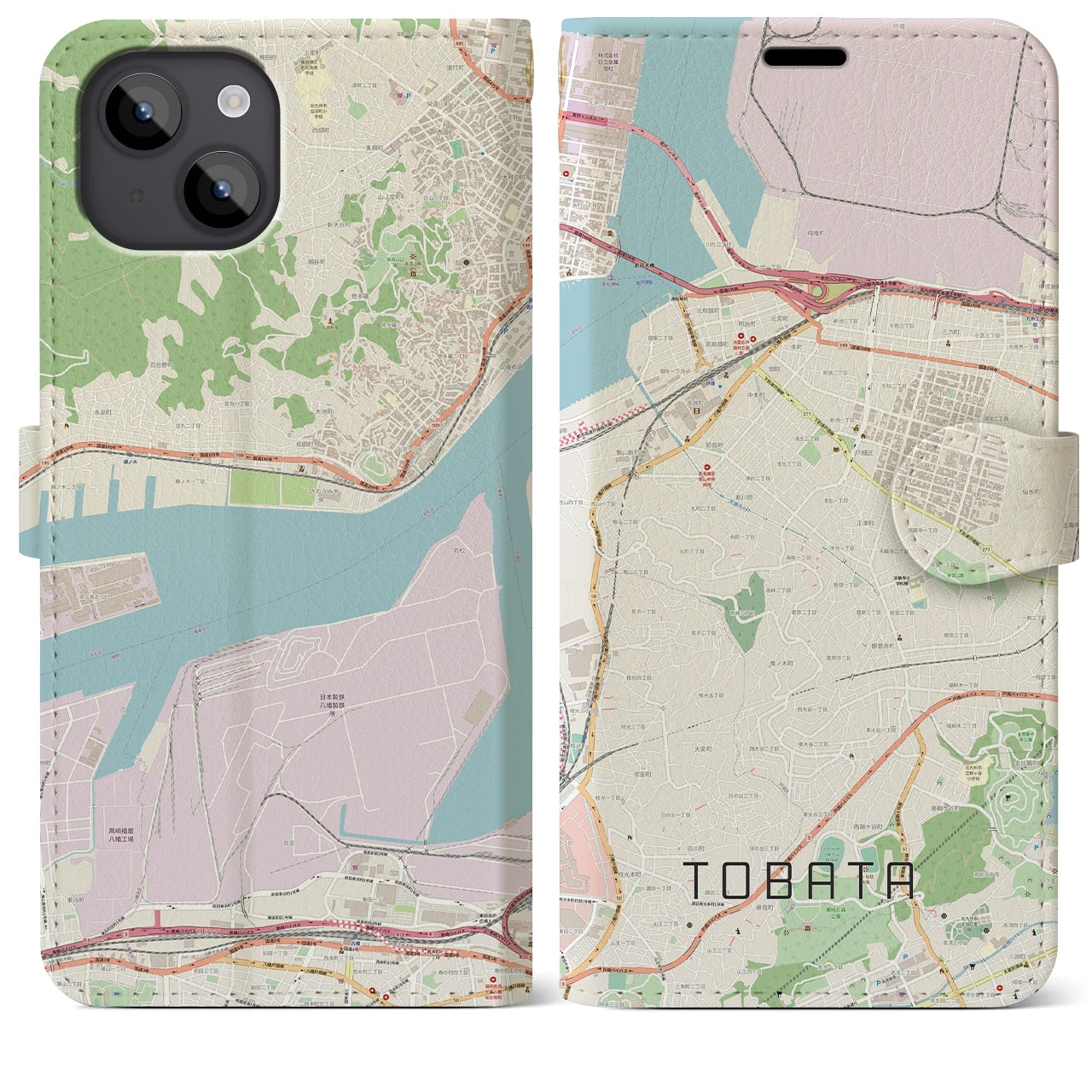 【戸畑(福岡県)】地図柄iPhoneケース(手帳タイプ)ナチュラル・iPhone 14 Plus 用