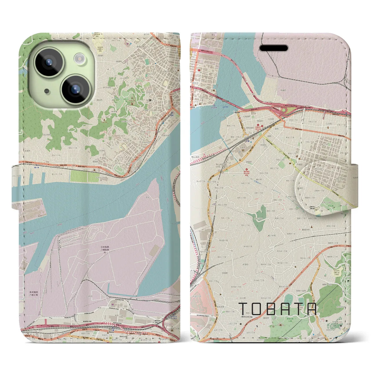 【戸畑(福岡県)】地図柄iPhoneケース(手帳タイプ)ナチュラル・iPhone 15 用