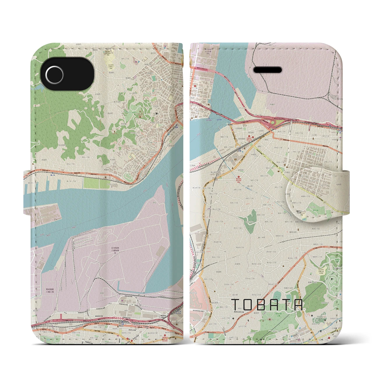 【戸畑(福岡県)】地図柄iPhoneケース(手帳タイプ)ナチュラル・iPhone SE(第3 / 第2世代) / 8 / 7 / 6s / 6 用