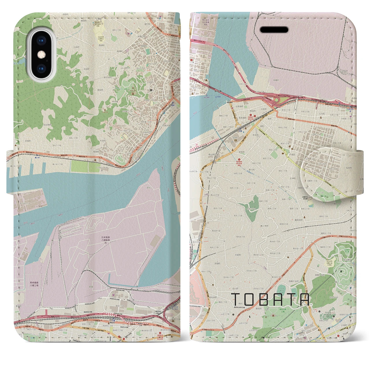 【戸畑(福岡県)】地図柄iPhoneケース(手帳タイプ)ナチュラル・iPhone XS Max 用