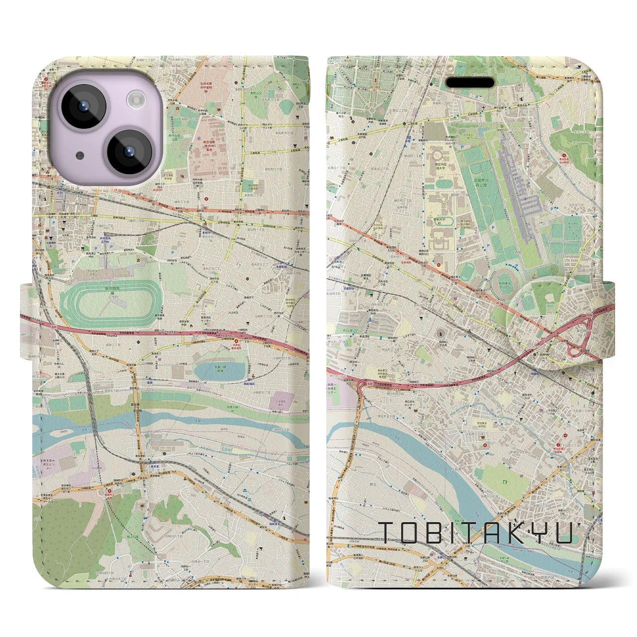 【飛田給(東京都)】地図柄iPhoneケース(手帳タイプ)ナチュラル・iPhone 14 用