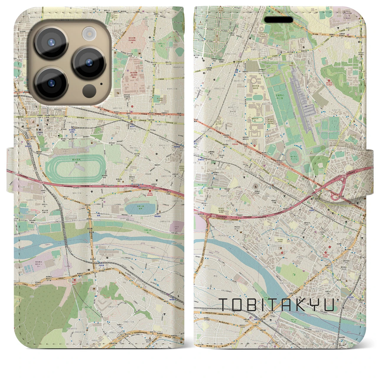【飛田給(東京都)】地図柄iPhoneケース(手帳タイプ)ナチュラル・iPhone 14 Pro Max 用