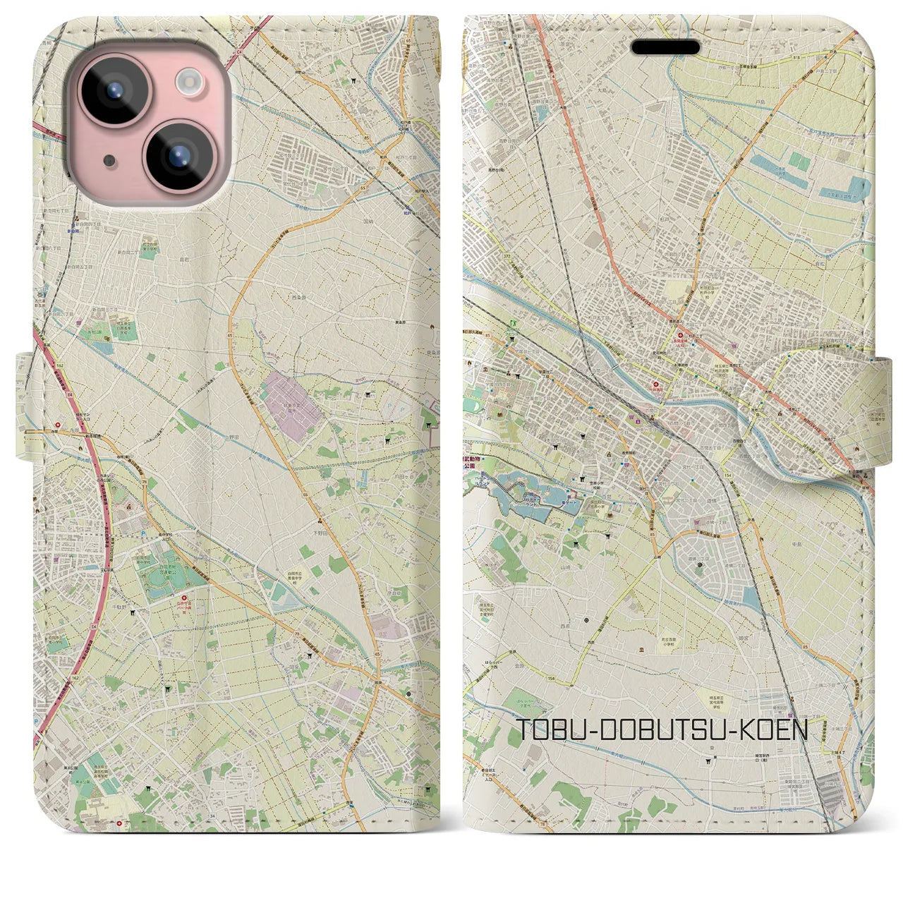 【東武動物公園(埼玉県)】地図柄iPhoneケース(手帳タイプ)ナチュラル・iPhone 15 Plus 用