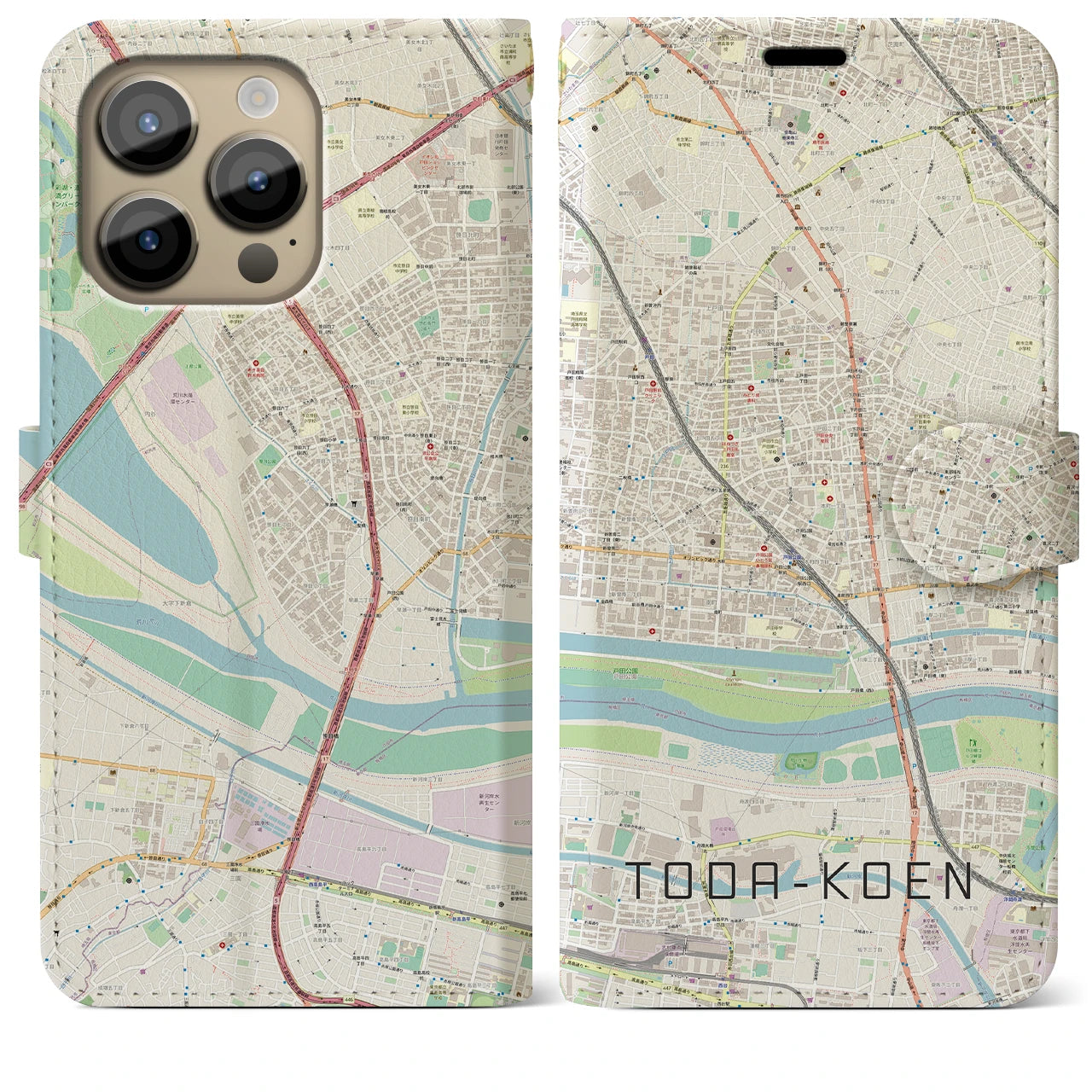 【戸田公園(埼玉県)】地図柄iPhoneケース(手帳タイプ)ナチュラル・iPhone 14 Pro Max 用