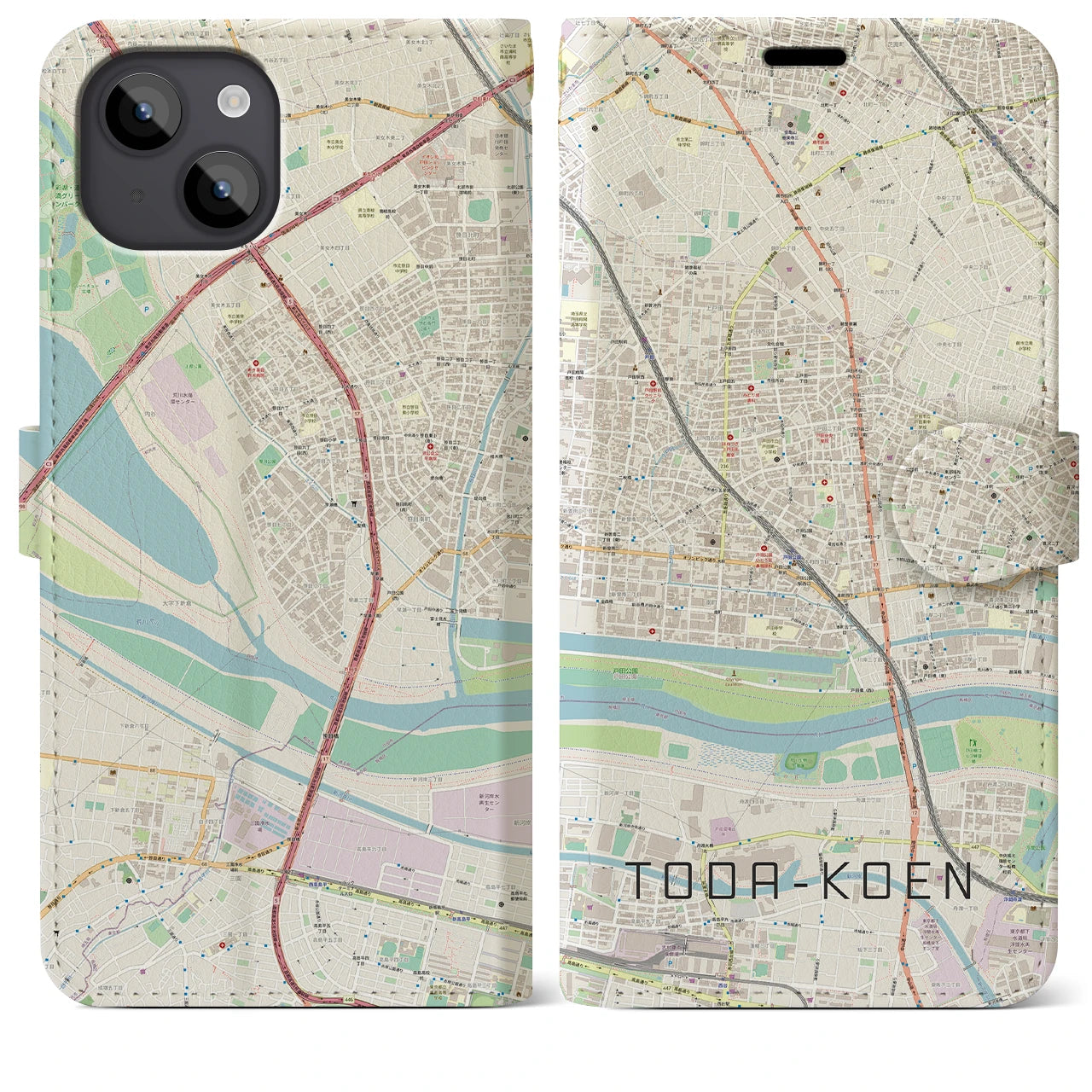 【戸田公園(埼玉県)】地図柄iPhoneケース(手帳タイプ)ナチュラル・iPhone 14 Plus 用