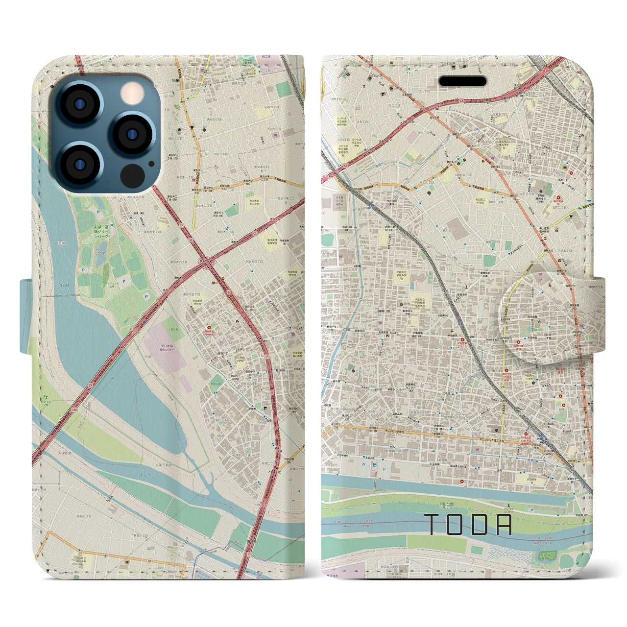 【戸田(埼玉県)】地図柄iPhoneケース(手帳タイプ)ナチュラル・iPhone 12 / 12 Pro 用