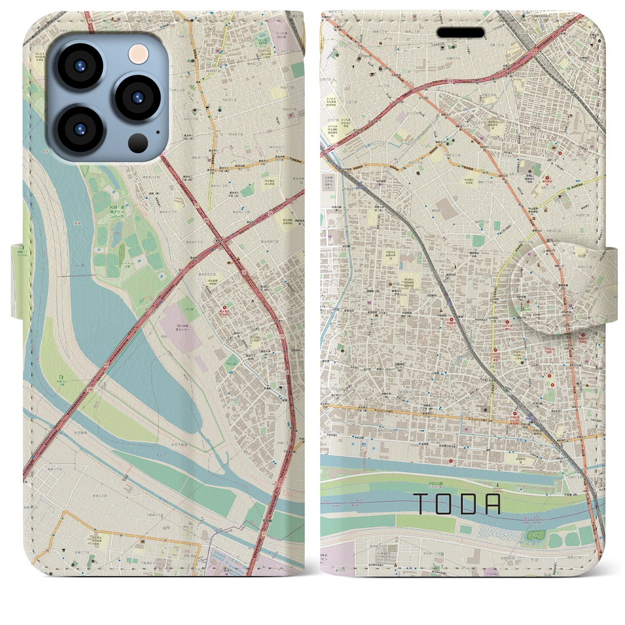 【戸田(埼玉県)】地図柄iPhoneケース(手帳タイプ)ナチュラル・iPhone 13 Pro Max 用