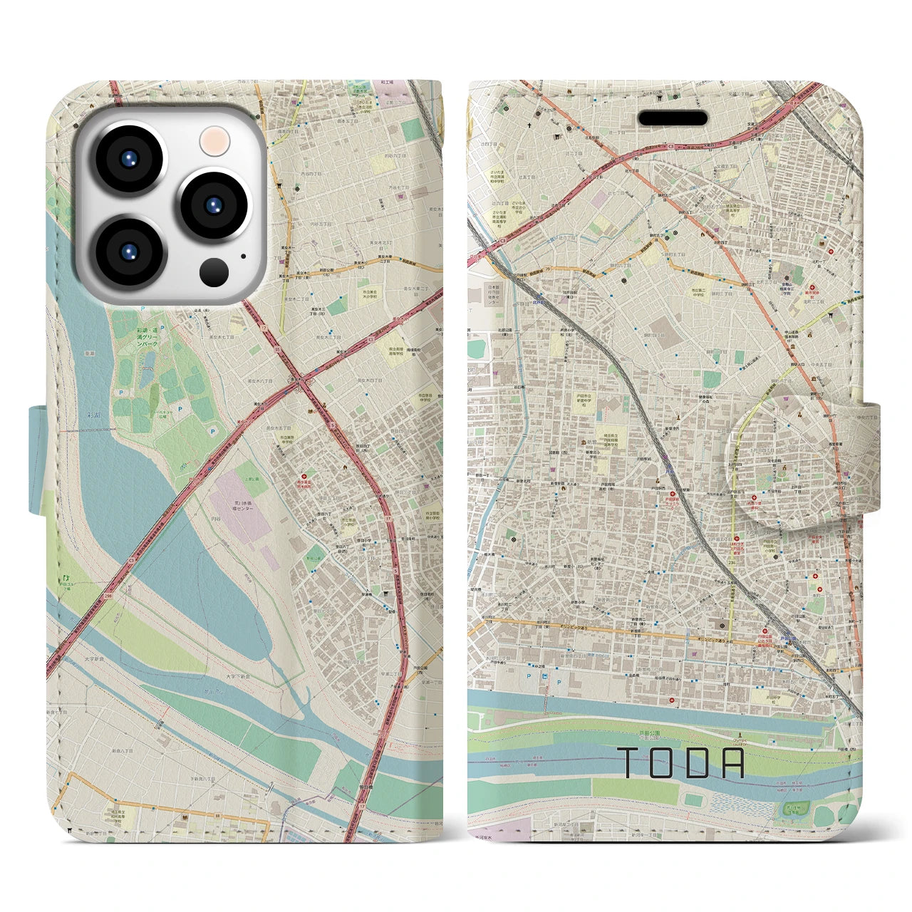 【戸田(埼玉県)】地図柄iPhoneケース(手帳タイプ)ナチュラル・iPhone 13 Pro 用